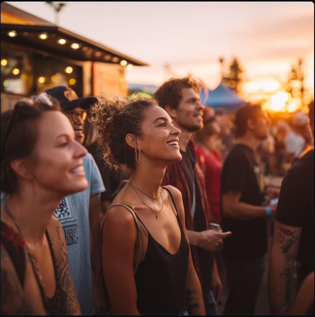 People enjoying an outdoor event at sunset